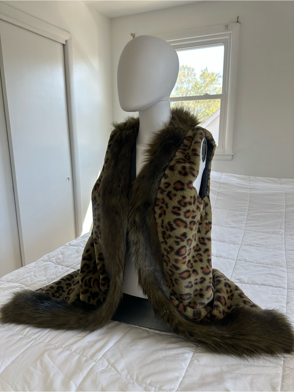 Faux Fur Leopard Print Vest with Trim - Olive/Brown